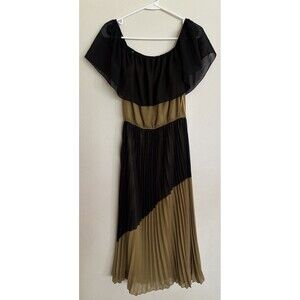 WD NY Dress Small Pleated Green & Black Chiffon Strapless Off Shoulder